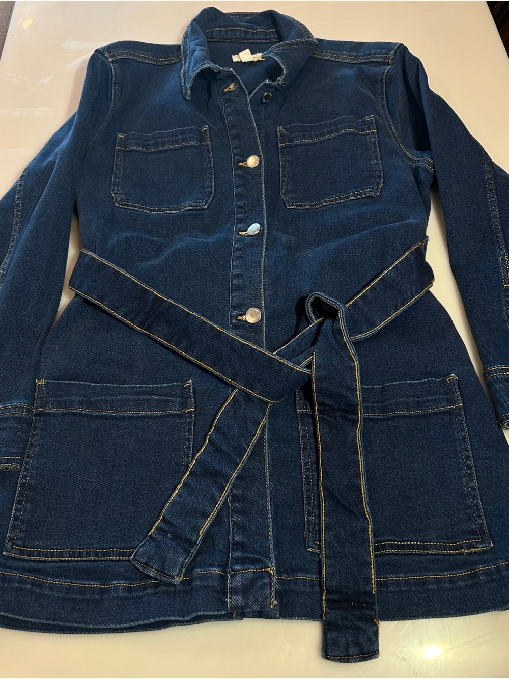 On 34th Macy's Belted Denim Jacket Dark Wash Button Front Wrap Chore Coat Size L